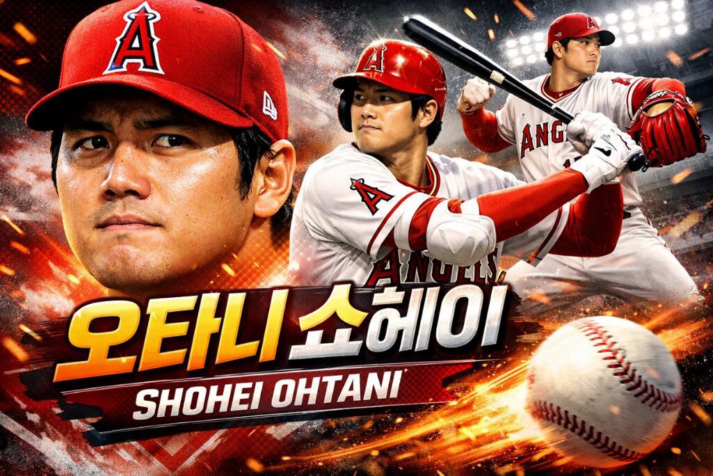엔젤스 유니폼을 입은 오타니 쇼헤이가 타격과 투구 장면으로 역동적으로 표현된 합성 이미지